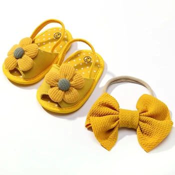 Комплект обуви для маленьких девочек + повязки на голову, обувь для новорожденных с милым бантом на 0-12 месяцев, противоскользящая обувь для ходьбы по полу, подарки для крещения
