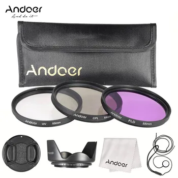 Комплект фильтров Andoer 55 мм (UV + CPL + FLD) + нейлоновая сумка для переноски + Крышка объектива + Держатель крышки объектива + Бленда объектива + Ткань для чистки объектива