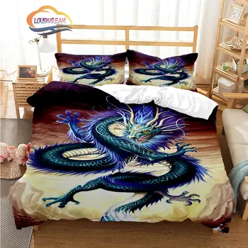 Комплекты постельного белья с принтом китайского дракона, Мультяшный Мифический дракон, Комплекты постельного белья большого размера, Простыня, Пододеяльник, комплект наволочек