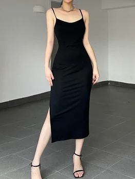 Корейское модное Черное Базовое Длинное платье с открытой спиной, Женский сарафан на бретельках, Сексуальные летние платья с разрезом, наряды
