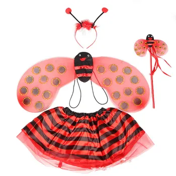 Костюмы Пчелиной Божьей коровки, комплекты из 4 предметов для детей, милые вечерние маскарадные костюмы для девочек, крылья для косплея + юбки-пачки, желтый, красный
