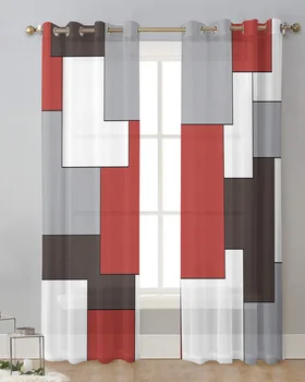 Красные абстрактные геометрические занавески для спальни середины века из вуали, шторы для обработки окон, Тюлевые занавески для гостиной, прозрачные шторы