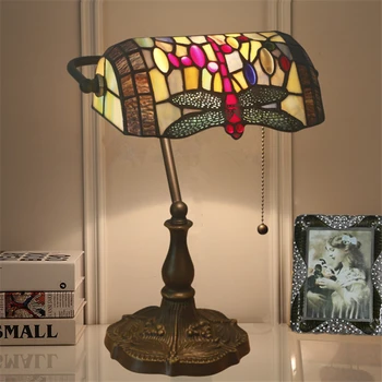 Креативные настольные лампы Dragonfly от Tiffany, лампа для спальни, настольная лампа, Винтажный декор для дома, Витражный светильник из стекла, выключатель