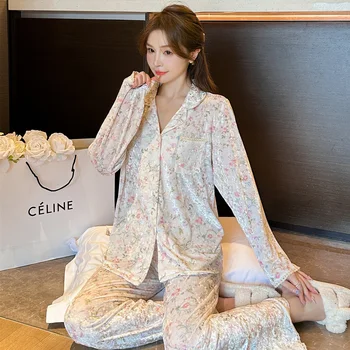 Кружевная пижама с милым цветком, женская осенне-зимняя пижама из золотистого бархата, комплект с длинным рукавом, новинка 2023 года, теплая домашняя одежда