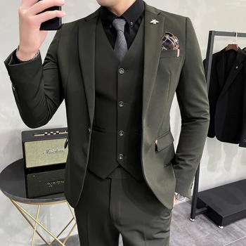 (Куртка + жилет + брюки) Корейская версия Тонкие костюмы на одной пуговице для деловой встречи, официальный Светский костюм, свадебный костюм жениха