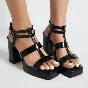 Лакированная кожа PU коричневый черный t-ремень повязки сексуальный дизайн с открытым носком на высоком каблуке женские туфли летние на платформе блок каблуки сандалии