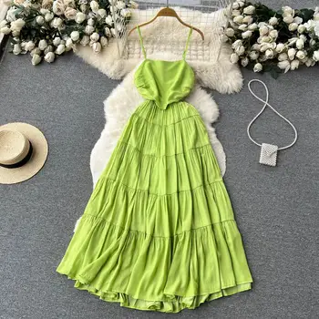Летнее женское пляжное богемное зеленое платье на бретельках, женское платье с открытыми плечами, Высокая талия, Элегантный дизайнерский сарафан с открытой спиной 2023 г.