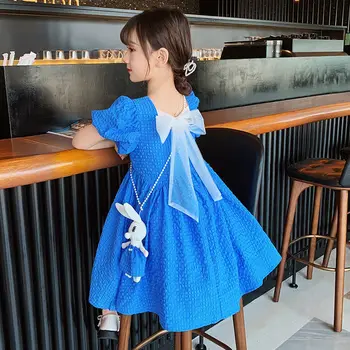 Летнее платье для девочек 2023, новое модное летнее платье для маленькой девочки, детское платье принцессы с бантом из цельного материала
