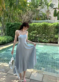 Летнее платье для женщин 2023, Новинка Pure Desire Premium Sense, плиссированное платье Миди без рукавов трапециевидной формы, длинные платья