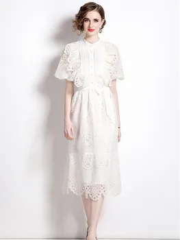 Летнее Элегантное платье с вышивкой в белый цветок, Женский воротник-стойка, короткий рукав-фонарь, оборки, бант на шнуровке, Vestidos