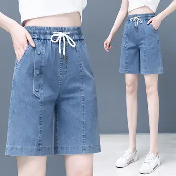 Летние женские винтажные джинсовые шорты-карго, уличная мода, универсальные джинсы, новые однотонные эластичные облегающие мешковатые повседневные широкие брюки