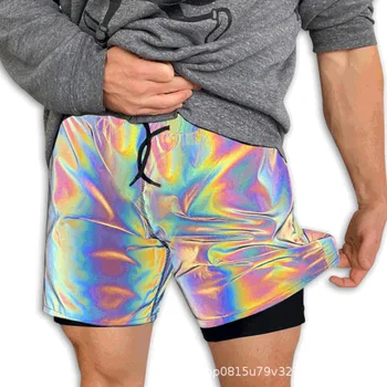 Летние мужские шорты для бега в стиле хип-хоп, быстросохнущие светящиеся шорты для бега трусцой для мужчин, красочные светоотражающие спортивные шорты для бега лазером, йоги, серфинга, спортзала