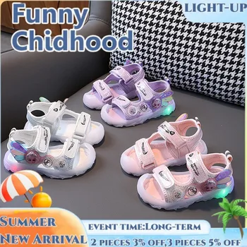 Летние сандалии со светодиодной подсветкой для девочек, Пляжная обувь с защитой от ударов для малышей, Первая ходьба из искусственной кожи, 1-6 лет, Детская обувь