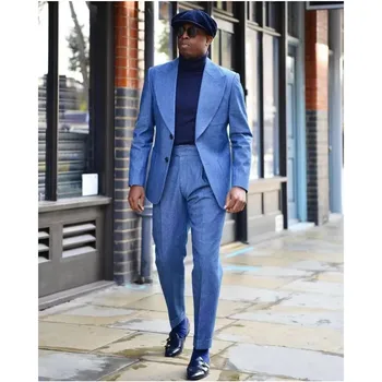 Летние синие льняные мужские костюмы с остроконечным отворотом Приталенный смокинг на заказ Homme Gentleman Свадьба Жених Выпускной Повседневная одежда 2 шт.