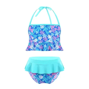 Летний купальный костюм с цветочным принтом для детей и девочек, укороченные топы на бретелях, со шнуровкой и рюшами, короткие купальники для плавания на пляже, в бассейне.