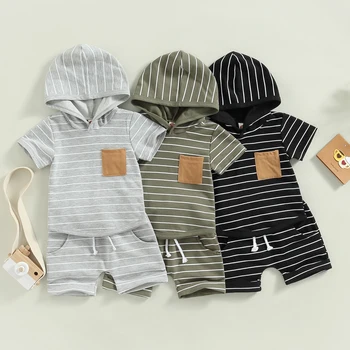 Летняя одежда Citgeett для малышей и мальчиков, толстовка с капюшоном в полоску с коротким рукавом и повседневный комплект эластичных шорт на завязках