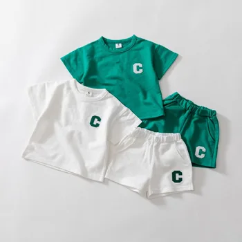 Летняя одежда для малышей, корейская версия ins, Спортивный повседневный комплект для мальчиков и девочек, набор с буквами, модный мультяшный набор для малышей