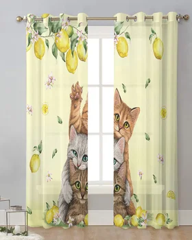 Лимонная Идиллическая клетчатая занавеска с фруктовым котом, тюлевые занавески для гостиной, Кухонные шторы для обработки окон, Вуалевые занавески
