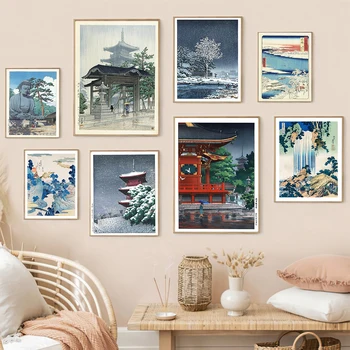 Лодки в японском стиле с синей морской волной, Храмовые пейзажи, картина на холсте, печать плакатов, настенные рисунки для украшения дома в гостиной