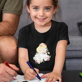 Милая футболка с принтом Алисы для девочек, модная эстетичная детская одежда принцессы Диснея, черные топы для малышей, повседневные футболки для маленьких девочек, прямая поставка