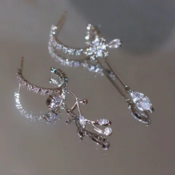 Милые серьги-гвоздики с маленькими листьями, роскошные женские серьги с цирконами, свадебные серьги серебряного цвета для женщин
