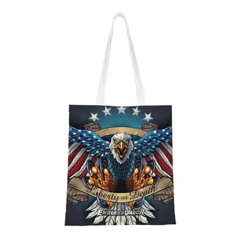 Многоразовая хозяйственная сумка с крыльями флага США Eagle, женская холщовая сумка через плечо, портативные сумки для покупок с продуктами под американским флагом,