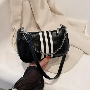 Модная дизайнерская женская сумка для подмышек, женская сумка с цепочкой в полоску, женская сумка из искусственной кожи, Tendance 2023, Новый бренд, кошелек, сумка через плечо