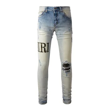 Модные Дизайнерские Джинсы с дырками, Облегающие Джинсы, Модный Бренд с буквами, Рваные Джинсы, Мужские Стрейчевые Джинсы в стиле хип-хоп, джинсовые брюки для танцев, Мужские