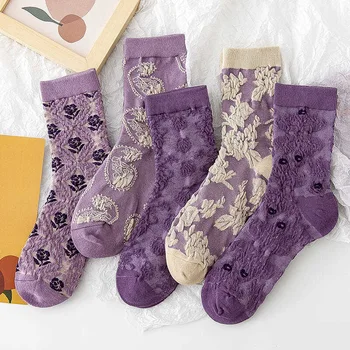 Модные Женские хлопчатобумажные носки с фиолетовой цветочной вышивкой, Корейская уличная одежда в стиле Харадзюку в стиле ретро, Японские милые девушки Каваи