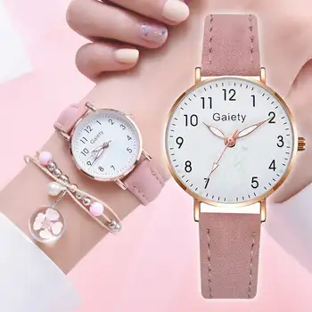 Модные женские часы-браслет, новый набор кварцевых часов, женская дикая мода, круглые часы на черном ремне и розовый браслет с подвеской