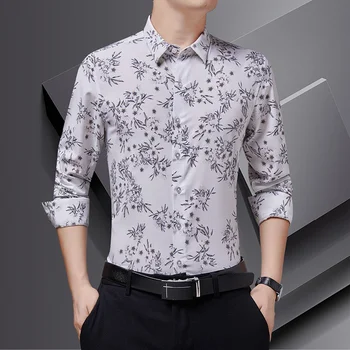 Модные рубашки для мужчин, весенне-осенние повседневные мужские рубашки с длинным рукавом и цветочным принтом, облегающая мужская одежда с отложным воротником