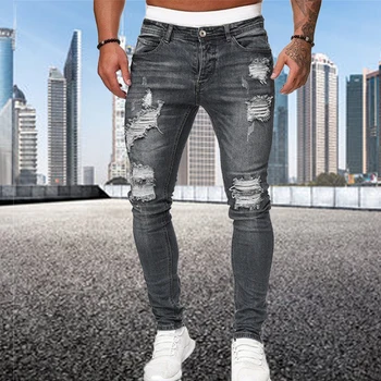 Модные уличные рваные обтягивающие джинсы, мужские винтажные однотонные джинсовые брюки, мужские повседневные облегающие джинсовые брюки-карандаш, горячая распродажа