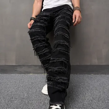 Мужская уличная одежда с рваными нашивками, свободные джинсовые брюки, мужские прямые джинсовые брюки с дырками в стиле хип-хоп, новинка 2023 года