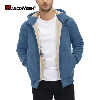Мужская флисовая толстовка MAGCOMSEN, однотонная повседневная толстовка с капюшоном, ветрозащитные теплые куртки с карманами на молнии