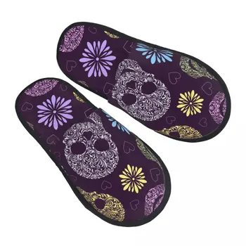 Мужские женские плюшевые домашние тапочки с абстрактным цветочным рисунком в виде черепов, теплая мягкая обувь, домашняя обувь Осень-зима 2023 г.