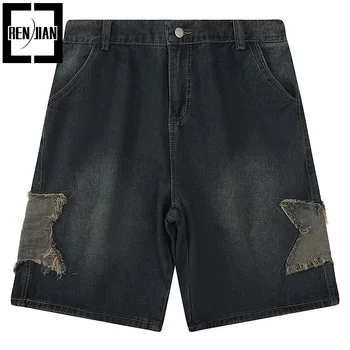 Мужские летние мешковатые короткие джинсы в стиле пэчворк со звездами Модные джинсовые шорты в стиле хип-хоп свободного кроя Y2K