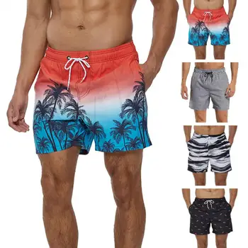 Мужские пляжные шорты с клетчатым принтом, эластичный пояс, завязки, Свободные карманы, Быстросохнущие, контрастного цвета, Мужские шорты для плавания, Одежда