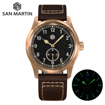 Мужские часы San Martin Бронзовый Пилот 37 мм RONDA 6004 Кварцевый механизм Сапфировый Наручные часы в стиле Ретро в стиле Милитари 10Bar Lum