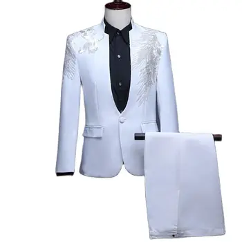 Мужской костюм-блейзер с белыми блестками на одной пуговице, Смокинги для жениха на свадьбу, воротник-стойка, приталенное сценическое платье для выпускного вечера, Блейзеры, брюки