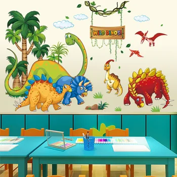Мультяшные наклейки на стены зоопарка с дикими динозаврами для детской комнаты мальчиков, Декор стен в детской, Декор комнаты, Наклейки из ПВХ, Фрески для украшения дома