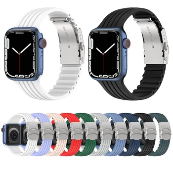 Мягкий Силиконовый ремешок для Apple Watch Bands 44мм 40мм 49мм 42мм 41мм 45мм Металлический Спортивный браслет для iWatch Ultra 8/7/6/5/4/3/SE