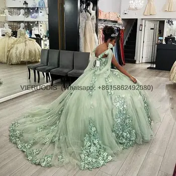 Мятно-зеленое пышное платье с открытыми плечами, аппликации, блестки, цветы, бальное платье для вечеринки Princess Sweet 16, Vestidos De 15 Años