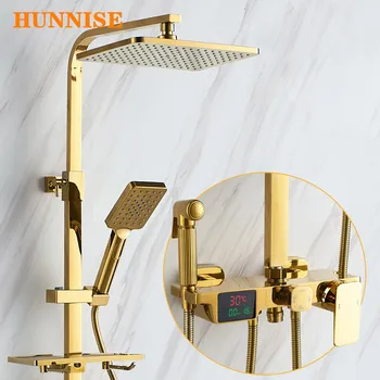 Набор для душа в ванной комнате HUNNISE Система дождевого душа Золотая цифровая душевая система Латунный смеситель для ванны Термостатический набор для душа