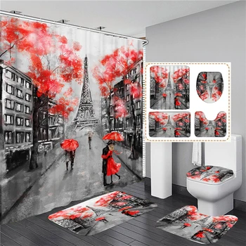 Набор штор для душа 3D Paris Tower, наборы ковриков для ванной с парижским пейзажем, Занавески для ванной с крючками, нескользящий коврик на подставке, крышка унитаза