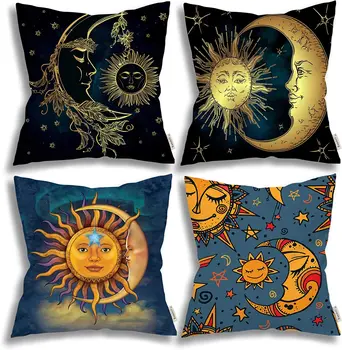Наволочки с золотым солнцем, полумесяцем и звездами Набор из 4 наволочек для декоративного искусства Чехлы для подушек на молнии 18 x 18 дюймов