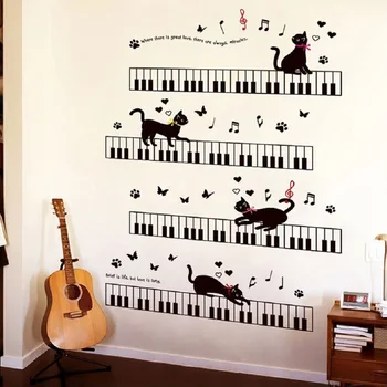 Наклейки на стену с изображением Кота на пианино для детских комнат, Фон для спальни, плинтус из ПВХ, декор стен в виде бабочки