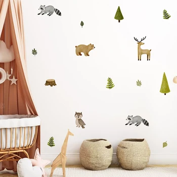 Наклейки на стены в стиле бохо с мультяшным лесом для детских комнат, гостиной, детской, украшения детской комнаты, обои с милыми медведями, оленями, совами и животными