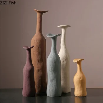 Настольная ваза для сушеных цветов, керамические вазы простого обжига, вазы с маленькими горлышками, Цветочная композиция, декоративная ваза, орнамент, поделки, подарок