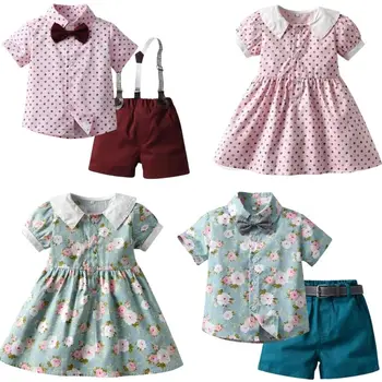 Новая летняя детская одежда, комплект из рубашки с цветочным рисунком для маленьких мальчиков и комбинезона, платье для маленьких девочек, детская пляжная одежда для брата и сестры, повседневный костюм