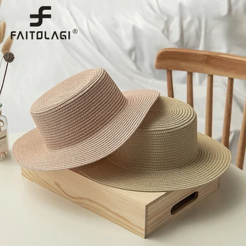 Новая пляжная соломенная шляпа, женские летние солнцезащитные шляпы с плоским козырьком, Однотонные простые повседневные морские канотье, кепки для путешествий, женские